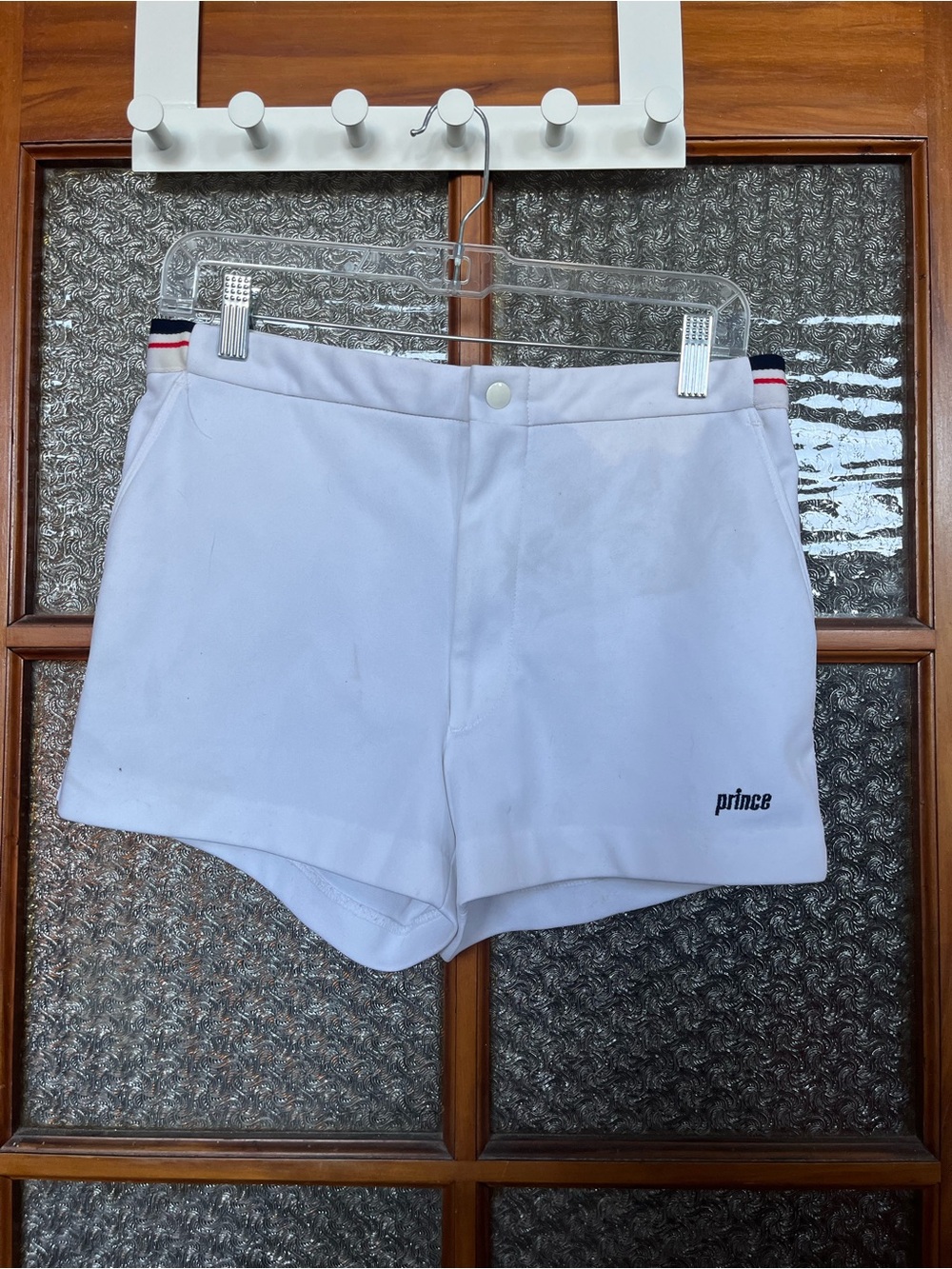 Prince White Tennis Shorts with Red and Navy Waist Stripes